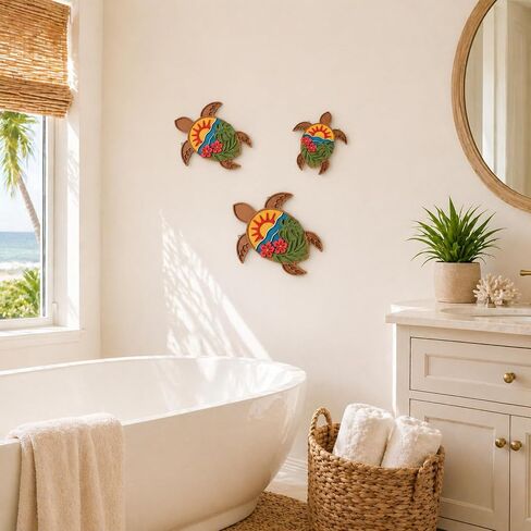 3 Pcs 3D Turtle Wooden Wall Decor Ocean Monstera Hibiscus Wall Art Tropical Coastal Decoration Vintage Home Decor for Bathroom Farmhouse Kitchen Bedroom Garden in Saudi Arabia