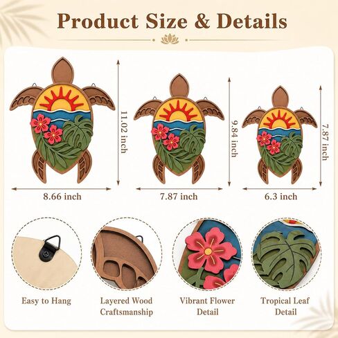3 Pcs 3D Turtle Wooden Wall Decor Ocean Monstera Hibiscus Wall Art Tropical Coastal Decoration Vintage Home Decor for Bathroom Farmhouse Kitchen Bedroom Garden in Saudi Arabia