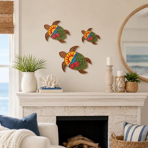 3 Pcs 3D Turtle Wooden Wall Decor Ocean Monstera Hibiscus Wall Art Tropical Coastal Decoration Vintage Home Decor for Bathroom Farmhouse Kitchen Bedroom Garden in Saudi Arabia