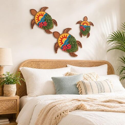 3 Pcs 3D Turtle Wooden Wall Decor Ocean Monstera Hibiscus Wall Art Tropical Coastal Decoration Vintage Home Decor for Bathroom Farmhouse Kitchen Bedroom Garden in Saudi Arabia