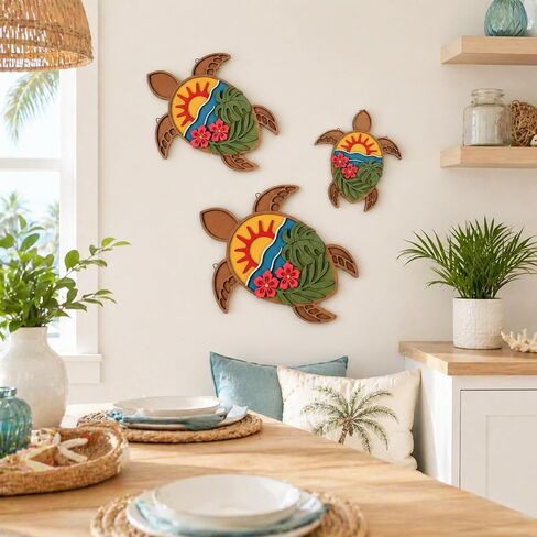 3 Pcs 3D Turtle Wooden Wall Decor Ocean Monstera Hibiscus Wall Art Tropical Coastal Decoration Vintage Home Decor for Bathroom Farmhouse Kitchen Bedroom Garden in Saudi Arabia