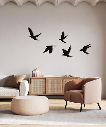 Birds Metal Wall Decor Set of 5, Minimalist Bird Flock Wall Art, Metal Garden Decorations, Home Decor, Modern Home Decoration, Birds Sign for Living Room, Birds Wall Hangings for Office, Bird Art (Black, 13" / 25 cm - LARGE) in Saudi Arabia
