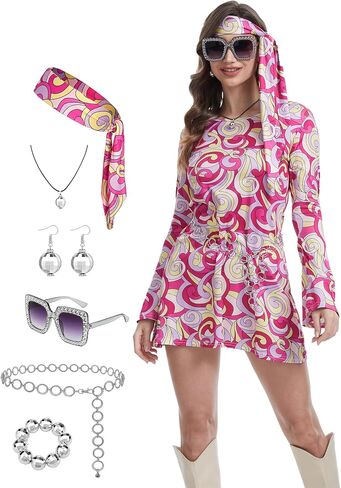 70s Disco Hippie Costume for Women,7Pcs Retro Disco Dress Party Clothes for 70s Theme Cosplay in Kuwait