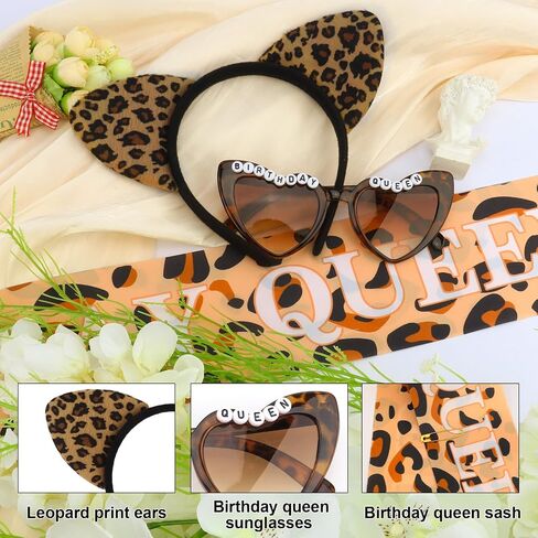 Cheetah Print Birthday Decorations Cheetah Birthday Queen Sash and Sunglasses with Leopard Headband for Women Leopard Print Party Decorations for Party Custume Outfit Decor in Saudi Arabia