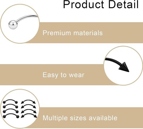 16PCS Eyebrow Piercing Jewelry,Vertical Labret Lip Jewelry,Curved Barbell Jewelrys Eyebrow Rings,Natural Stainless Steel and Black Vertical Labret Jewelrys 6mm/8mm/10mm/12 for Women and Men Daily Wear in Saudi Arabia