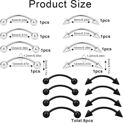 16PCS Eyebrow Piercing Jewelry,Vertical Labret Lip Jewelry,Curved Barbell Jewelrys Eyebrow Rings,Natural Stainless Steel and Black Vertical Labret Jewelrys 6mm/8mm/10mm/12 for Women and Men Daily Wear in Saudi Arabia