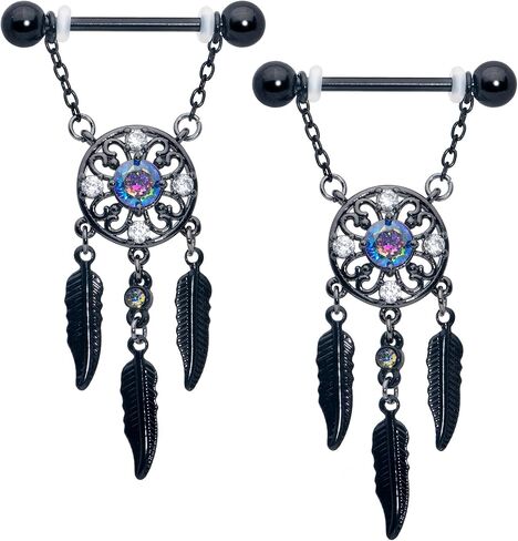 Body Candy 14G Womens Nipplerings Piercing 316L Stainless Steel Black 2Pc Dreamcatcher Mens Dangle Nipple Ring Set 9/16" in Kuwait