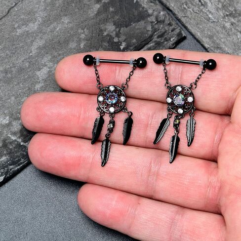 Body Candy 14G Womens Nipplerings Piercing 316L Stainless Steel Black 2Pc Dreamcatcher Mens Dangle Nipple Ring Set 9/16" in Kuwait