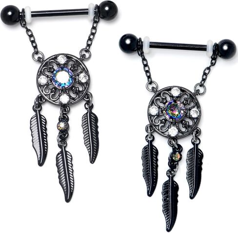 Body Candy 14G Womens Nipplerings Piercing 316L Stainless Steel Black 2Pc Dreamcatcher Mens Dangle Nipple Ring Set 9/16" in Kuwait