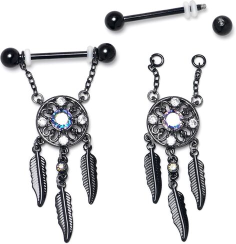 Body Candy 14G Womens Nipplerings Piercing 316L Stainless Steel Black 2Pc Dreamcatcher Mens Dangle Nipple Ring Set 9/16" in Kuwait