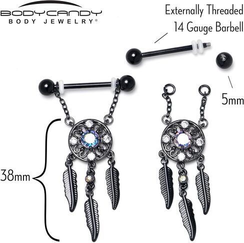 Body Candy 14G Womens Nipplerings Piercing 316L Stainless Steel Black 2Pc Dreamcatcher Mens Dangle Nipple Ring Set 9/16" in Kuwait