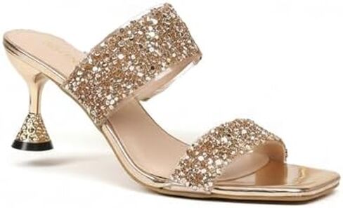 Women's Shiny Square Toe Heeled Mule Sandals Fashionable Open Toes Two Strap Sexy Slip On Heels for Party, Wedding, Evening Event in Saudi Arabia