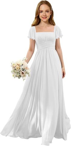Junior Bridesmaid Dresses Square Neck Flower Girl Dress with Flutter Sleeves A Line Wedding Party Gown XXYTZ005 in Kuwait