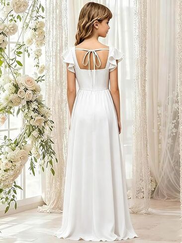 Junior Bridesmaid Dresses Square Neck Flower Girl Dress with Flutter Sleeves A Line Wedding Party Gown XXYTZ005 in Kuwait
