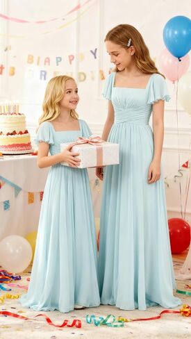 Junior Bridesmaid Dresses Square Neck Flower Girl Dress with Flutter Sleeves A Line Wedding Party Gown XXYTZ005 in Kuwait