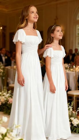 Junior Bridesmaid Dresses Square Neck Flower Girl Dress with Flutter Sleeves A Line Wedding Party Gown XXYTZ005 in Kuwait