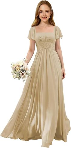 Junior Bridesmaid Dresses Square Neck Flower Girl Dress with Flutter Sleeves A Line Wedding Party Gown XXYTZ005 in Saudi Arabia