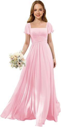 Junior Bridesmaid Dresses Square Neck Flower Girl Dress with Flutter Sleeves A Line Wedding Party Gown XXYTZ005 in Kuwait