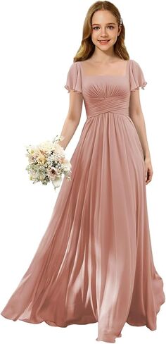 Junior Bridesmaid Dresses Square Neck Flower Girl Dress with Flutter Sleeves A Line Wedding Party Gown XXYTZ005 in Kuwait