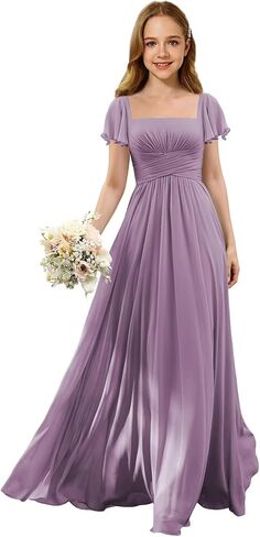 Junior Bridesmaid Dresses Square Neck Flower Girl Dress with Flutter Sleeves A Line Wedding Party Gown XXYTZ005 in Kuwait