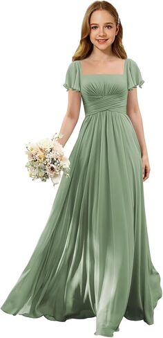 Junior Bridesmaid Dresses Square Neck Flower Girl Dress with Flutter Sleeves A Line Wedding Party Gown XXYTZ005 in Kuwait