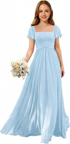 Junior Bridesmaid Dresses Square Neck Flower Girl Dress with Flutter Sleeves A Line Wedding Party Gown XXYTZ005 in Kuwait