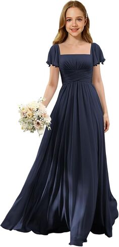 Junior Bridesmaid Dresses Square Neck Flower Girl Dress with Flutter Sleeves A Line Wedding Party Gown XXYTZ005 in Kuwait