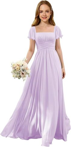 Junior Bridesmaid Dresses Square Neck Flower Girl Dress with Flutter Sleeves A Line Wedding Party Gown XXYTZ005 in Kuwait