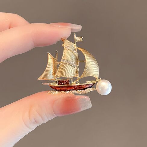 Sailboat Pearl Brooch Pin Gold Enamel Lapel Pin for Women Elegant Jewelry Brooch for Jackets Stylish Gift in Kuwait