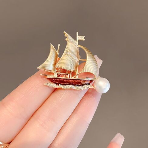 Sailboat Pearl Brooch Pin Gold Enamel Lapel Pin for Women Elegant Jewelry Brooch for Jackets Stylish Gift in Kuwait