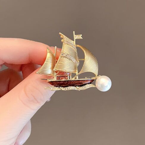 Sailboat Pearl Brooch Pin Gold Enamel Lapel Pin for Women Elegant Jewelry Brooch for Jackets Stylish Gift in Kuwait