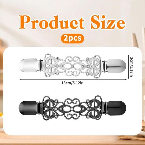 2 Pcs Cinch Clips Shirt Clip Vintage Dress Back Cinch Clips Shawl Sweater Cardigan Collar Tightener Clip for Women (Black, Silver) in Saudi Arabia