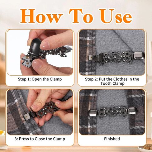 2 Pcs Cinch Clips Shirt Clip Vintage Dress Back Cinch Clips Shawl Sweater Cardigan Collar Tightener Clip for Women (Black, Silver) in Saudi Arabia