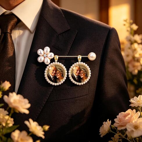 Memorial Photo Charm for Wedding Bouquet, Pearl Gold Brooch Picture Pendant, Bridal Bouquet Charm Keepsake Gift for Bride, Antique Boutonniere Jewelry in Saudi Arabia