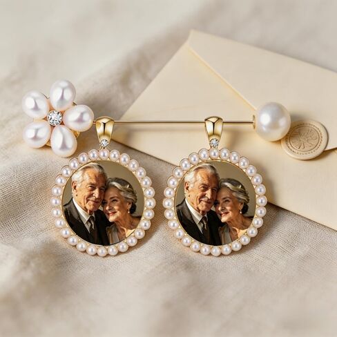 Memorial Photo Charm for Wedding Bouquet, Pearl Gold Brooch Picture Pendant, Bridal Bouquet Charm Keepsake Gift for Bride, Antique Boutonniere Jewelry in Saudi Arabia