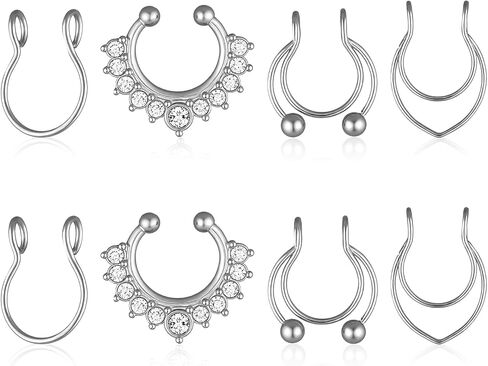 Styquenzer Fake Septum Piercing, 8 Pcs Stainless Steel Fake Nose Ring Faux Septum Piercings Faux Clip On Nose Rings for Women Men Non Piercing Nose Jewelry (Silver) in Kuwait