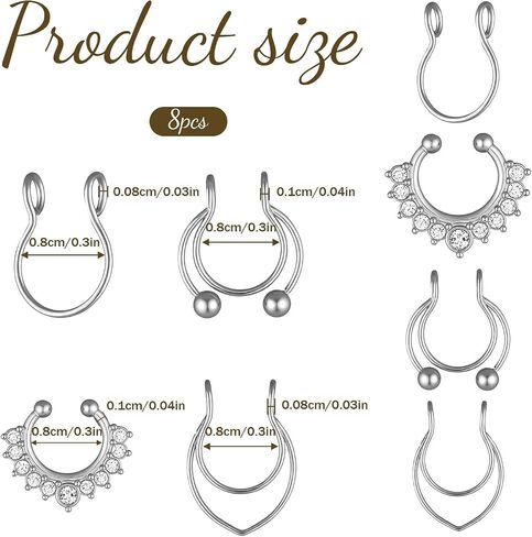 Styquenzer Fake Septum Piercing, 8 Pcs Stainless Steel Fake Nose Ring Faux Septum Piercings Faux Clip On Nose Rings for Women Men Non Piercing Nose Jewelry (Silver) in Kuwait