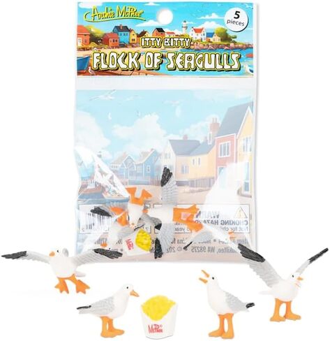 Archie McPhee Itty Bitty Flock of Seagulls Mini Figurine Set with Hanging Gull & Fry Container 5 Soft Vinyl Birds in Illustrated Bag in Saudi Arabia