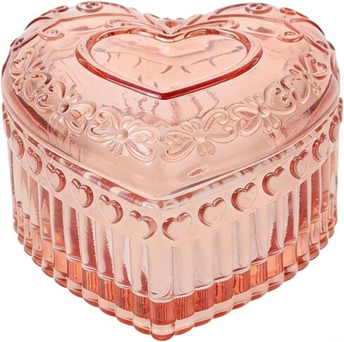 Crystal Pink Glass Heart-Shaped Jewelry Box with Lid, Transparent Trinket Ring Earrings Necklace Organizer Storage for Vanity Room Decor, Valentine's Day Proposal Anniversary Creative Gift for Women in Kuwait
