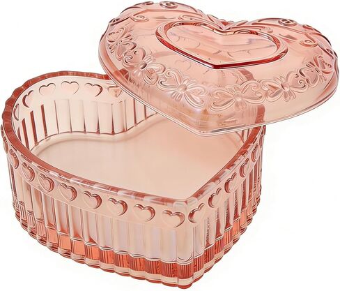 Crystal Pink Glass Heart-Shaped Jewelry Box with Lid, Transparent Trinket Ring Earrings Necklace Organizer Storage for Vanity Room Decor, Valentine's Day Proposal Anniversary Creative Gift for Women in Kuwait