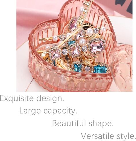 Crystal Pink Glass Heart-Shaped Jewelry Box with Lid, Transparent Trinket Ring Earrings Necklace Organizer Storage for Vanity Room Decor, Valentine's Day Proposal Anniversary Creative Gift for Women in Kuwait