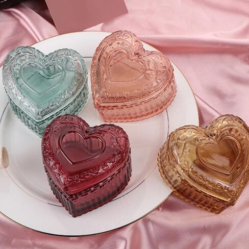 Crystal Pink Glass Heart-Shaped Jewelry Box with Lid, Transparent Trinket Ring Earrings Necklace Organizer Storage for Vanity Room Decor, Valentine's Day Proposal Anniversary Creative Gift for Women in Kuwait