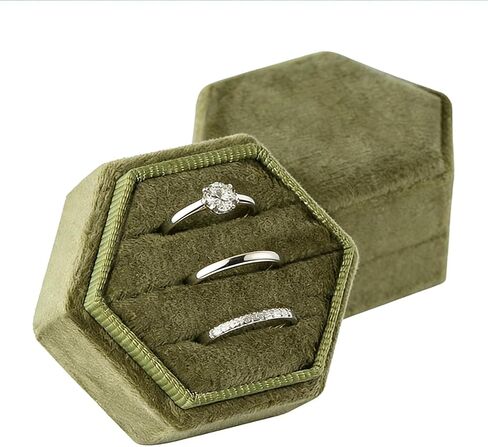 3-Slot Hexagon Velvet Jewelry Ring Box - Vintage Olive Green Ring Display Holder, Ideal for Wedding Proposal Engagement Gift in Saudi Arabia