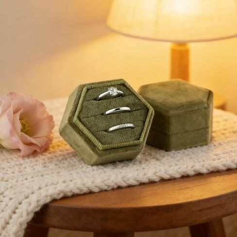 3-Slot Hexagon Velvet Jewelry Ring Box - Vintage Olive Green Ring Display Holder, Ideal for Wedding Proposal Engagement Gift in Saudi Arabia