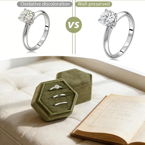 3-Slot Hexagon Velvet Jewelry Ring Box - Vintage Olive Green Ring Display Holder, Ideal for Wedding Proposal Engagement Gift in Saudi Arabia