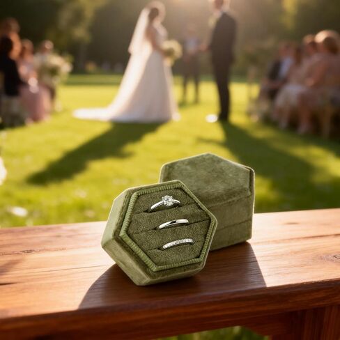 3-Slot Hexagon Velvet Jewelry Ring Box - Vintage Olive Green Ring Display Holder, Ideal for Wedding Proposal Engagement Gift in Saudi Arabia