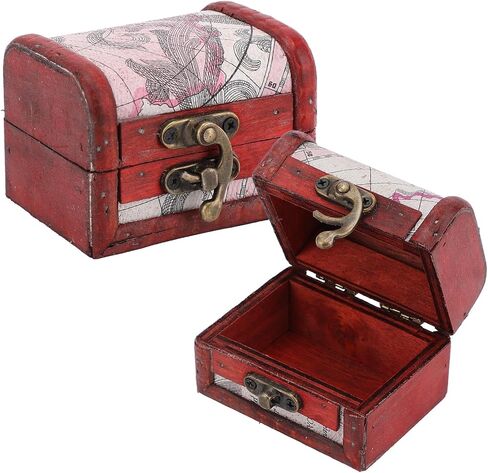 2 Pcs Map Pattern Retro Wooden Box Organizer with Clasp, 3.14×2.55×2.36 Inch Small Vintage Jewelry Treasure Lock Container Case Treasure Chest Storage for Women Jewelry Storage Gift Decoration in Saudi Arabia