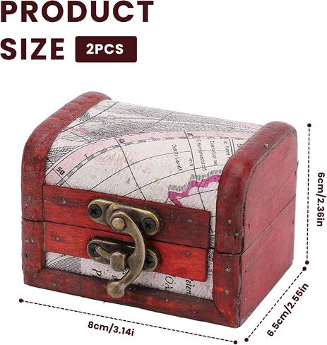 2 Pcs Map Pattern Retro Wooden Box Organizer with Clasp, 3.14×2.55×2.36 Inch Small Vintage Jewelry Treasure Lock Container Case Treasure Chest Storage for Women Jewelry Storage Gift Decoration in Saudi Arabia