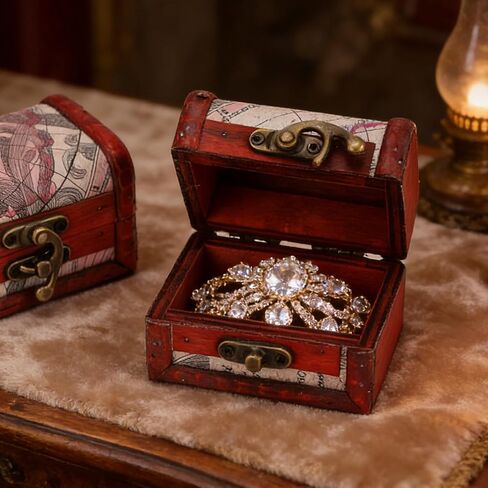 2 Pcs Map Pattern Retro Wooden Box Organizer with Clasp, 3.14×2.55×2.36 Inch Small Vintage Jewelry Treasure Lock Container Case Treasure Chest Storage for Women Jewelry Storage Gift Decoration in Saudi Arabia
