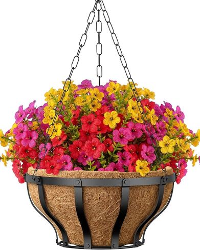 VOXOR Artificial Hanging Flowers with Hanging Baskets for Outdoors, 12 Inch Metal Hanging Planter with 12 Bundles UV Resistant Fake Flowers, Faux Hanging Plants for Porch Patio Garden Balcony Decor in Saudi Arabia